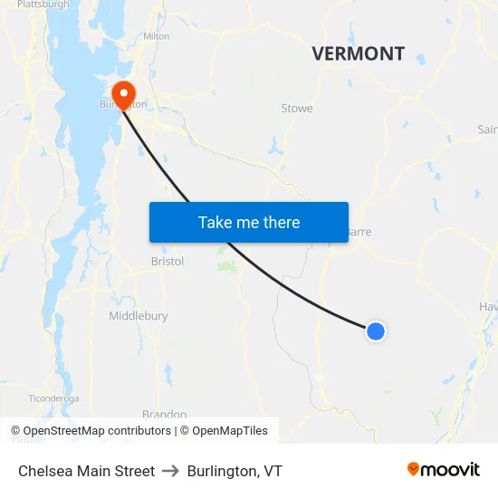 Chelsea Main Street to Burlington, VT map