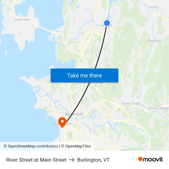 River Street at Main Street to Burlington, VT map