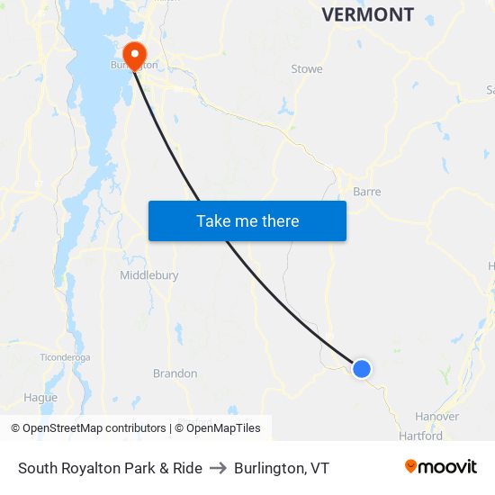 South Royalton Park & Ride to Burlington, VT map