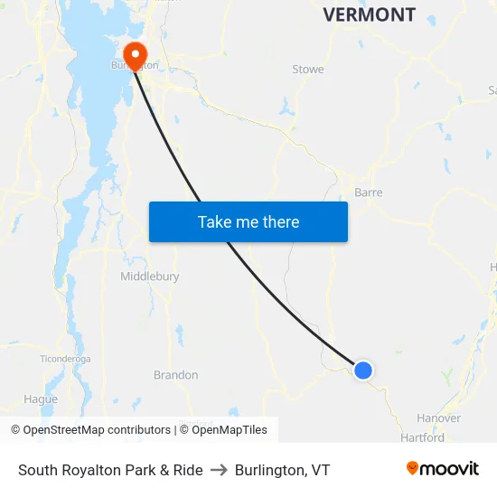 South Royalton Park & Ride to Burlington, VT map