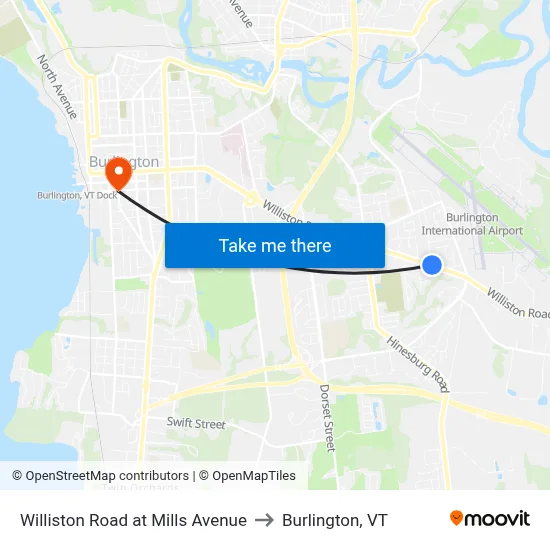 Williston Road at Mills Avenue to Burlington, VT map