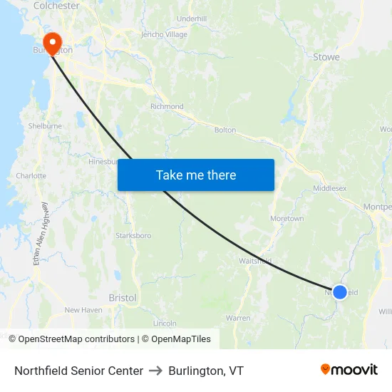 Northfield Senior Center to Burlington, VT map