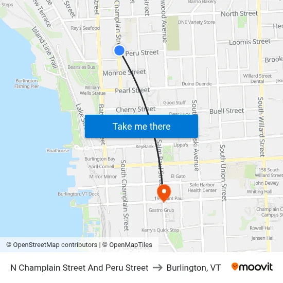 N Champlain Street And Peru Street to Burlington, VT map
