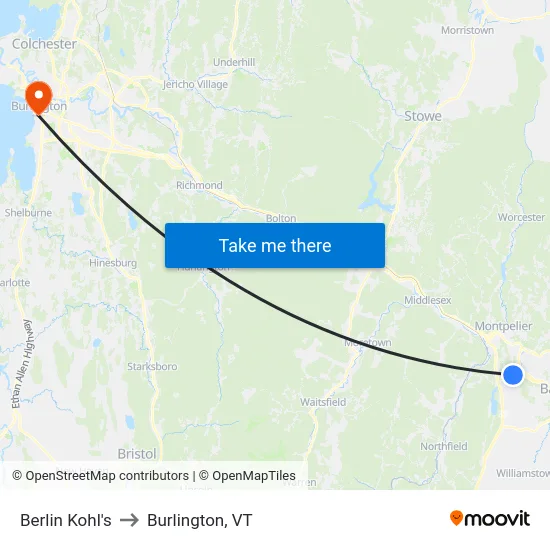 Berlin Kohl's to Burlington, VT map
