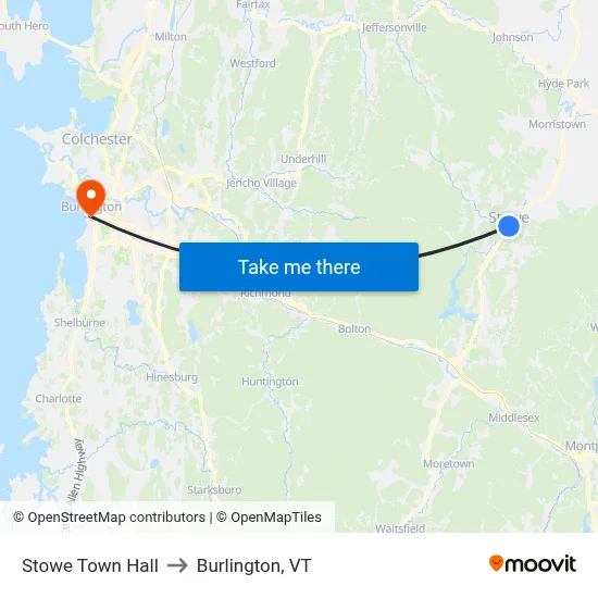 Stowe Town Hall to Burlington, VT map