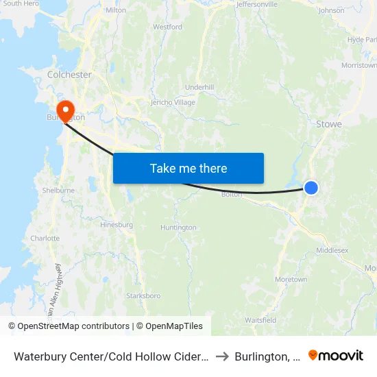 Waterbury Center/Cold Hollow Cider Mill to Burlington, VT map