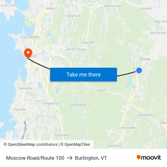 Moscow Road/Route 100 to Burlington, VT map