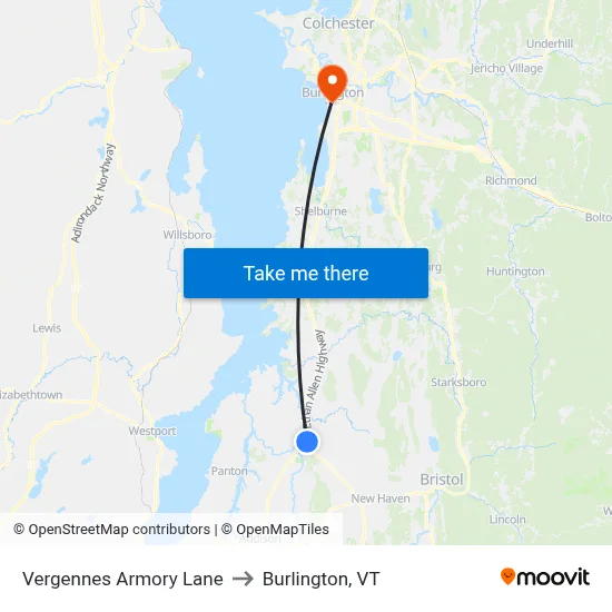 Vergennes Armory Lane to Burlington, VT map