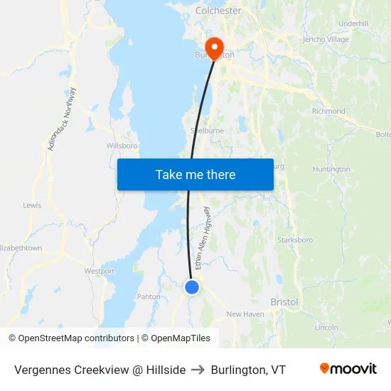 Vergennes Creekview @ Hillside to Burlington, VT map