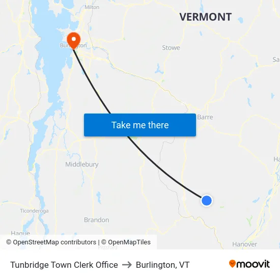 Tunbridge Town Clerk Office to Burlington, VT map