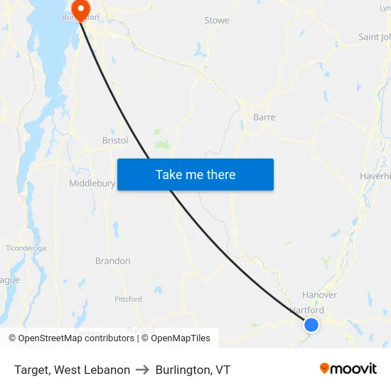 Target, West Lebanon to Burlington, VT map