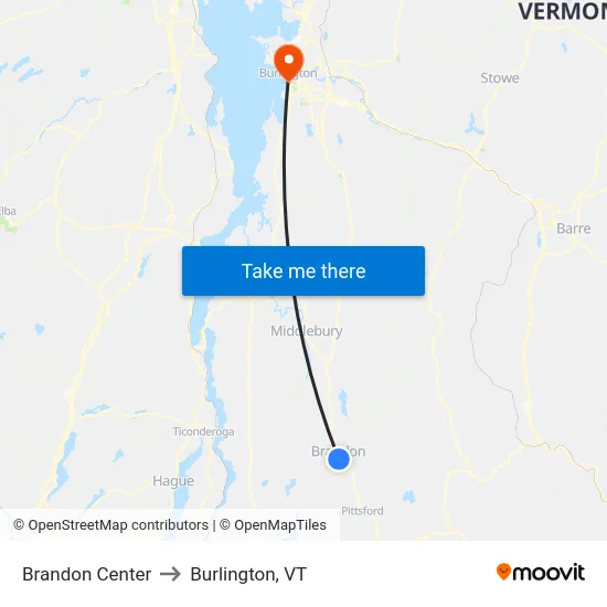 Brandon Center to Burlington, VT map