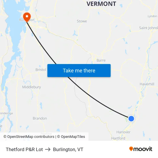 Thetford P&R Lot to Burlington, VT map