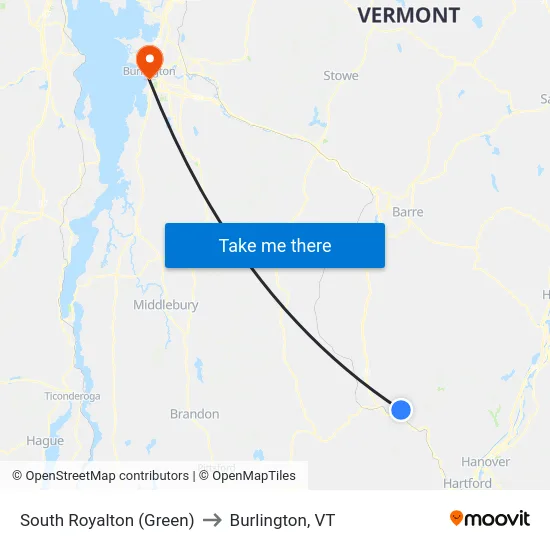 South Royalton (Green) to Burlington, VT map