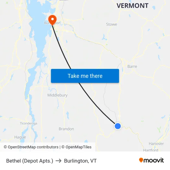 Bethel (Depot Apts.) to Burlington, VT map