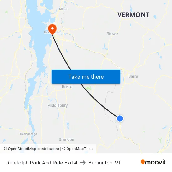 Randolph Park And Ride Exit 4 to Burlington, VT map