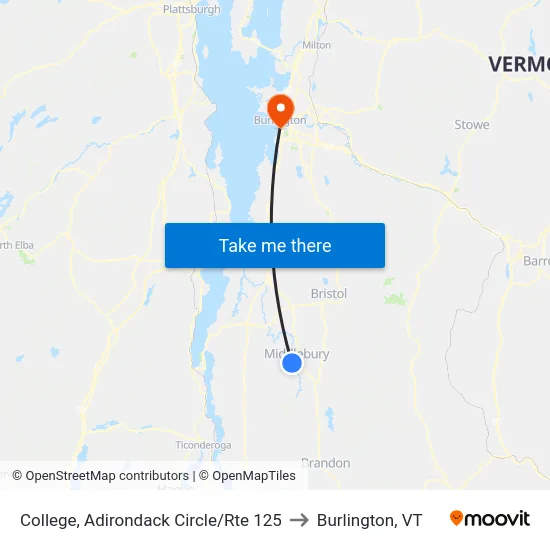College, Adirondack Circle/Rte 125 to Burlington, VT map
