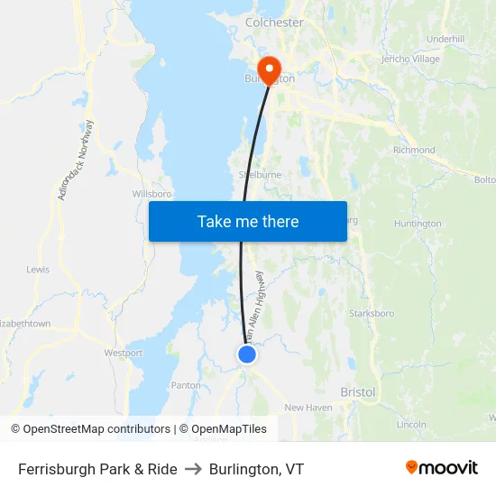 Ferrisburgh Park & Ride to Burlington, VT map
