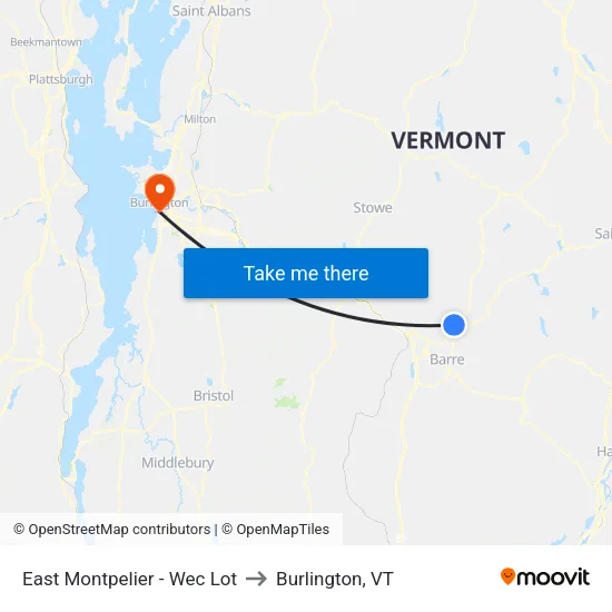 East Montpelier - Wec Lot to Burlington, VT map