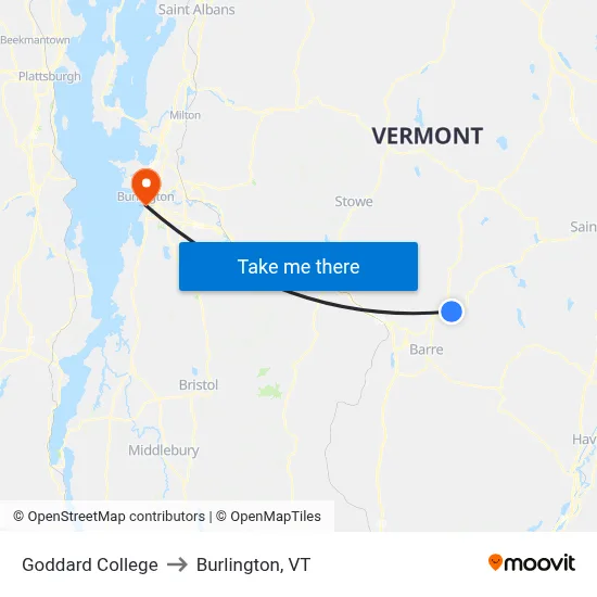 Goddard College to Burlington, VT map