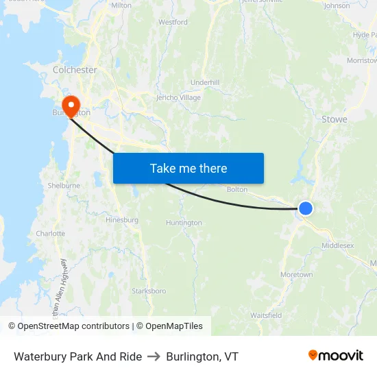 Waterbury Park And Ride to Burlington, VT map