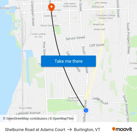 Shelburne Road at Adams Court to Burlington, VT map