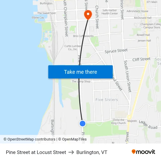 Pine Street at Locust Street to Burlington, VT map