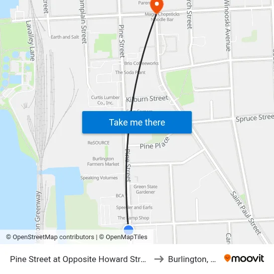 Pine Street at Opposite Howard Street to Burlington, VT map