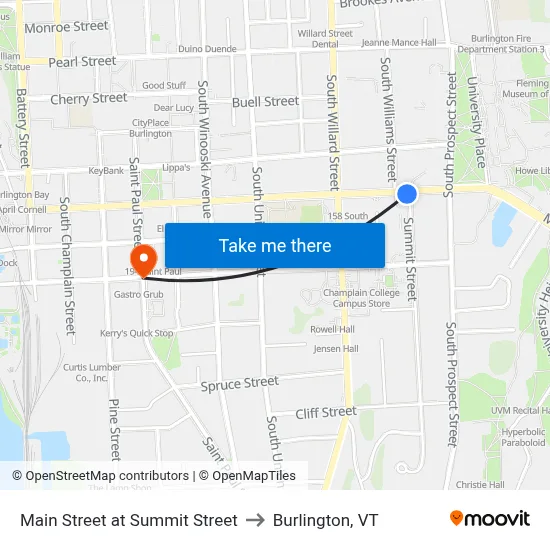 Main Street at Summit Street to Burlington, VT map