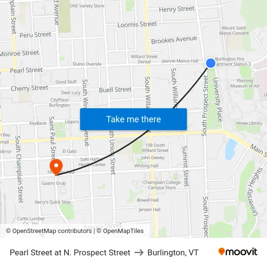 Pearl Street at N. Prospect Street to Burlington, VT map