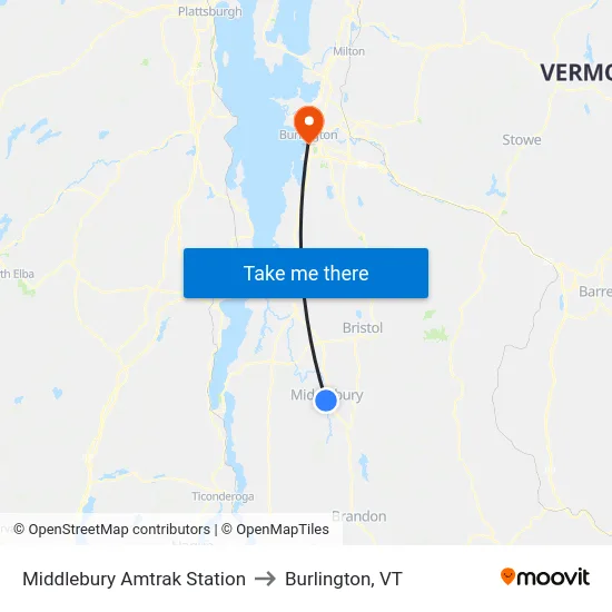Middlebury Amtrak Station to Burlington, VT map