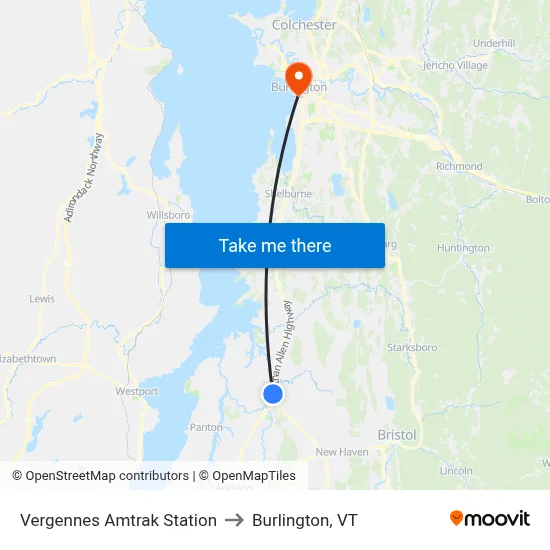 Vergennes Amtrak Station to Burlington, VT map