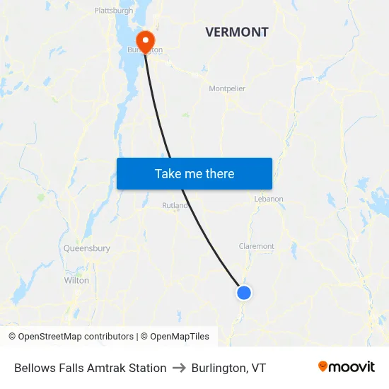 Bellows Falls Amtrak Station to Burlington, VT map