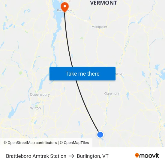 Brattleboro Amtrak Station to Burlington, VT map