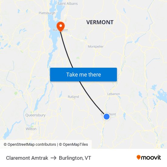 Claremont Amtrak to Burlington, VT map