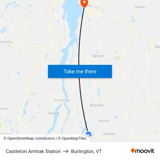 Castleton Amtrak Station to Burlington, VT map