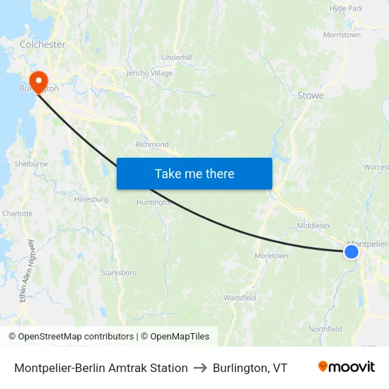 Montpelier-Berlin Amtrak Station to Burlington, VT map