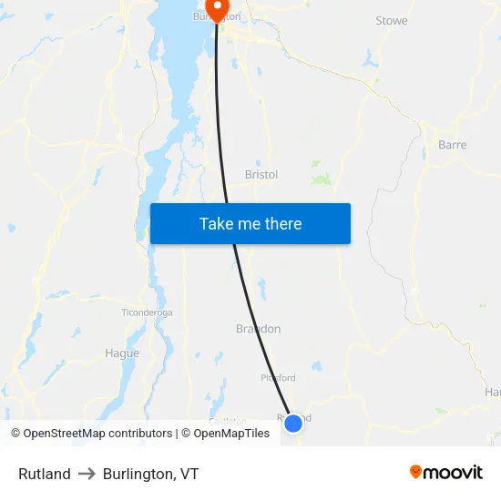 Rutland to Burlington, VT map