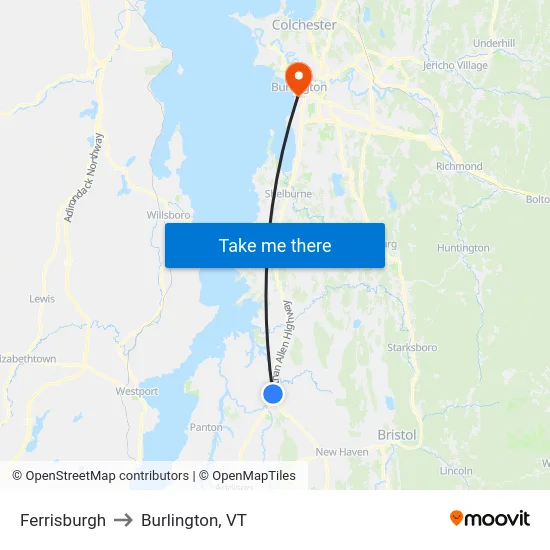 Ferrisburgh to Burlington, VT map