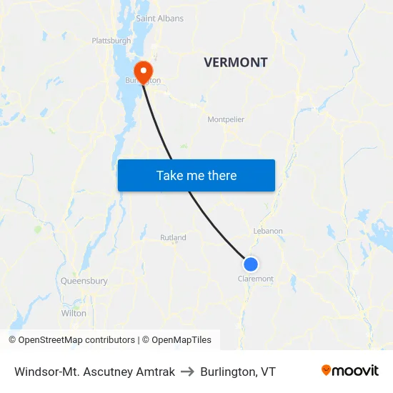 Windsor-Mt. Ascutney Amtrak to Burlington, VT map