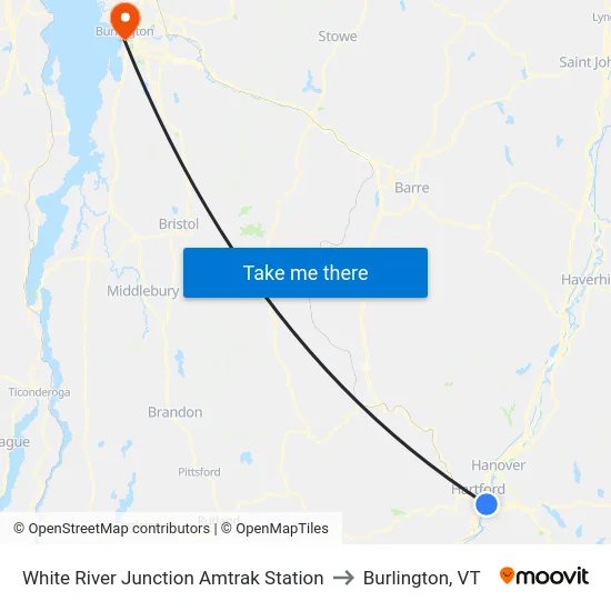 White River Junction Amtrak Station to Burlington, VT map