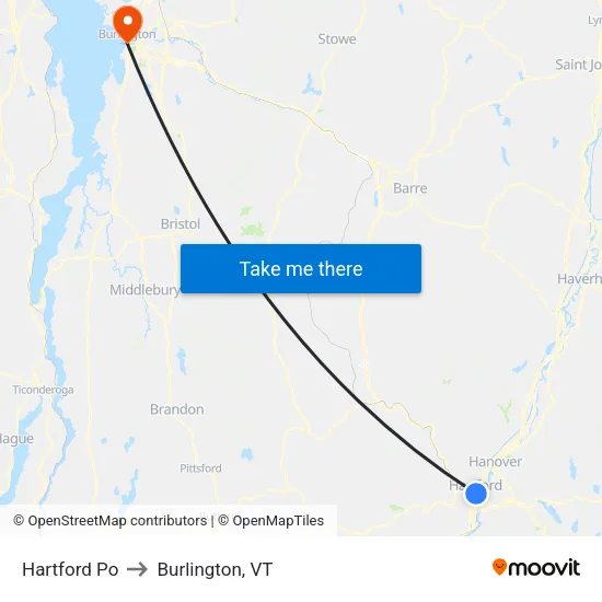 Hartford Po to Burlington, VT map