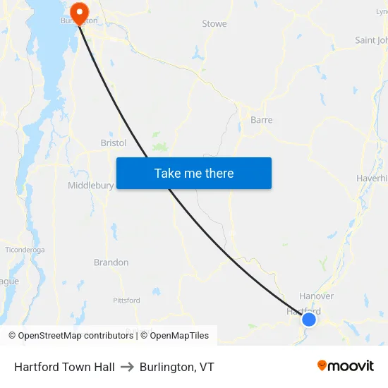 Hartford Town Hall to Burlington, VT map