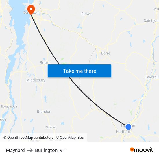 Maynard to Burlington, VT map