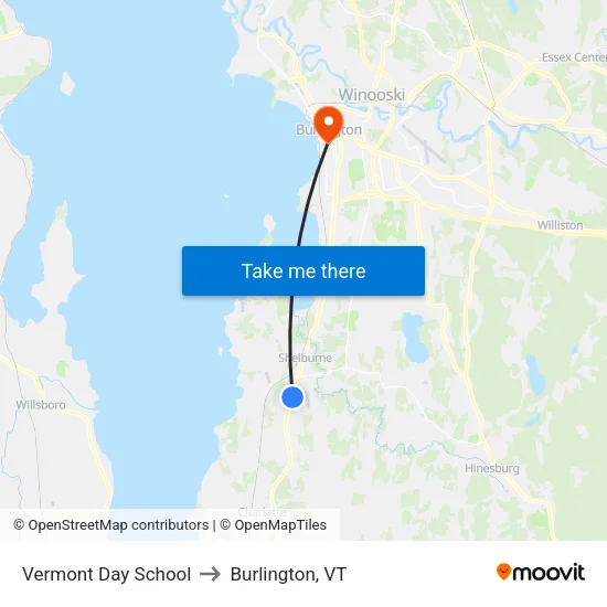 Vermont Day School to Burlington, VT map
