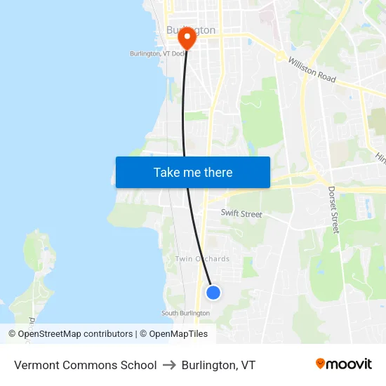 Vermont Commons School to Burlington, VT map