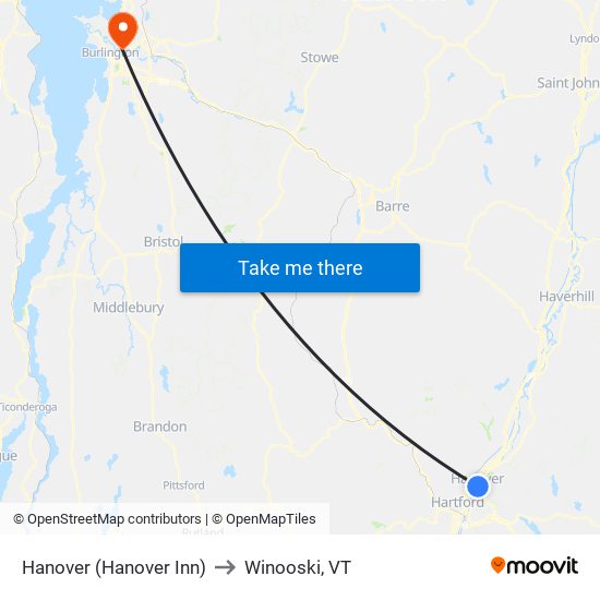 Hanover (Hanover Inn) to Winooski, VT map