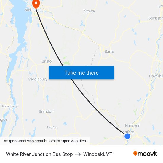 White River Junction Bus Stop to Winooski, VT map
