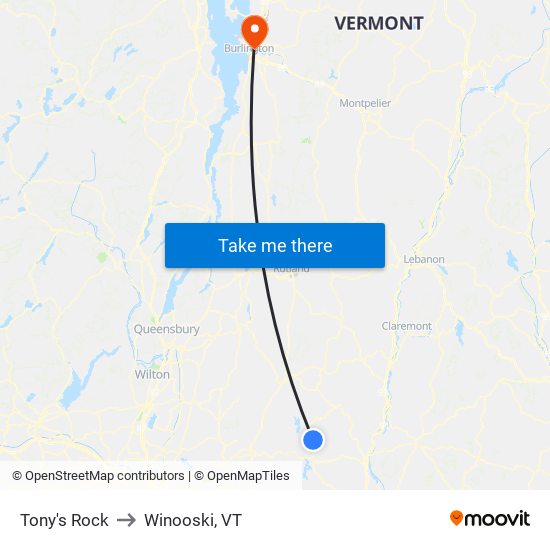 Tony's Rock to Winooski, VT map