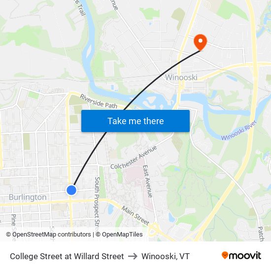 College Street at Willard Street to Winooski, VT map